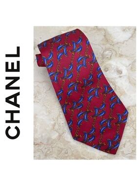 CHANEL Dolphin Pattern 100% Silk Tie Multi-Colour Authentic Luxury